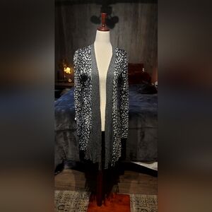 Chic Grey & Black Leopard Print Fringe Cardigan
